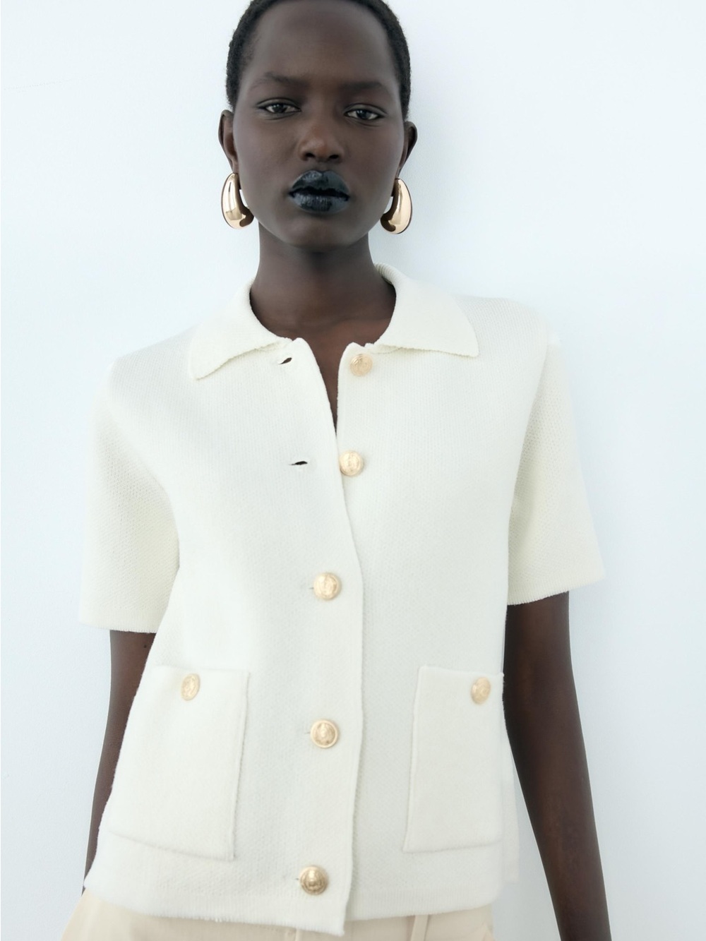 Zara Cream Short-Sleeve Button-Up Cardigan Luxury Career Old Money NWOT Size S